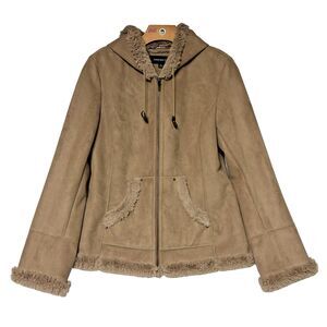 Jones New York Women's M Brown Faux Suede & Fur Trim Coat Sherpa Lined Hood Zip